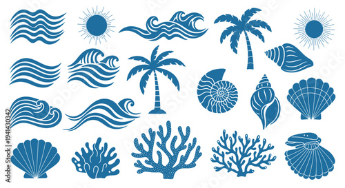 Oceanic Elements Collection Waves Palm Trees Shells Coral Sun.