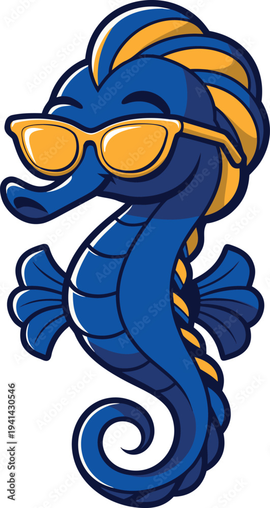 Naklejka premium Cool blue seahorse with sunglasses vector illustration flat design