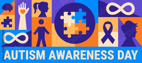 World Autism Awareness Day April 2nd Seamless Mosaic background or banner design. Vibrant Pattern Featuring Infinity Symbols, Puzzle Pieces, Heart Hands, and Child Silhouettes Promoting Neurodiversity