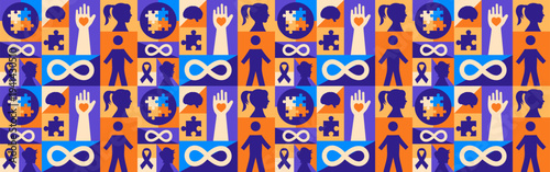 World Autism Awareness Day April 2nd Seamless Mosaic background or banner design. Vibrant Pattern Featuring Infinity Symbols, Puzzle Pieces, Heart Hands, and Child Silhouettes Promoting Neurodiversity