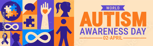 World Autism Awareness Day April 2nd Seamless Mosaic background or banner design. Vibrant Pattern Featuring Infinity Symbols, Puzzle Pieces, Heart Hands, and Child Silhouettes Promoting Neurodiversity