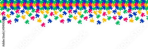 Autism Awareness Border Background with Colorful Falling Puzzle Pieces for World Autism Day, Neurodiversity Celebration, Community Support, and Inclusion Awareness Banner Illustration Template