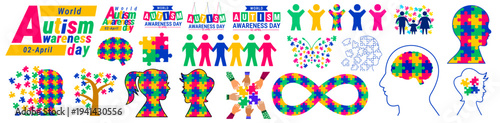World Autism Awareness Day Mega Collection bundle set.  Comprehensive Set of text, Puzzle Piece Icons, Brain Graphics, Neurodiversity Infinity Symbols, and Child Silhouettes for Inclusive Health Advoc