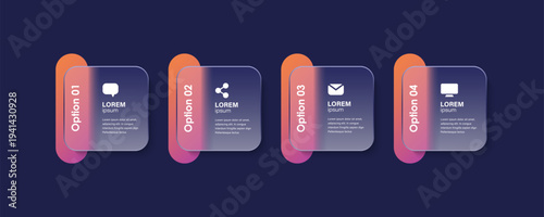 Infographic label design template with icons and 4 options or steps. Process diagrams, presentation layout with matte glass effect.
