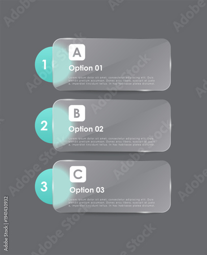 3D glass effect Business infographics modern layout design. Three steps of the process vertical infographics template