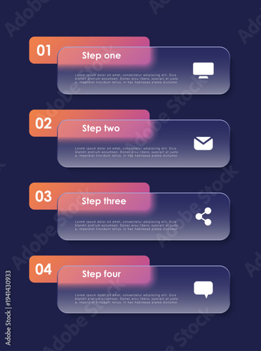 A business strategy consisting of four steps. A modern vector vertical infographic layout for data visualization with a matte glass effect.