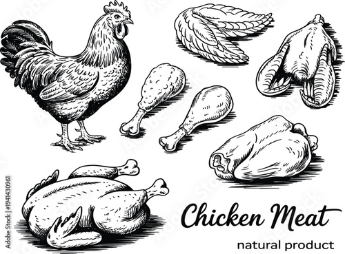 Vintage hand drawn sketches of chicken meat cuts, including whole bird and drumsticks for butchery design