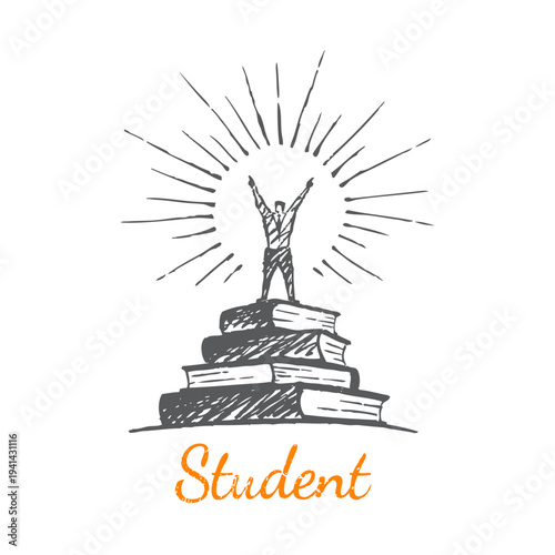 Student Success Sketch - man standing on stack of books