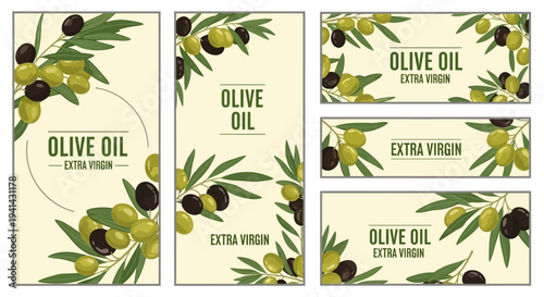 Flat lay of various olive oil labels with green leaves and olives on a cream background