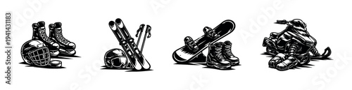 Black and white sports equipment set, ski, snowboard, ice hockey, silhouette illustration