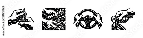 Set of automotive and tool silhouettes featuring hands in various actions