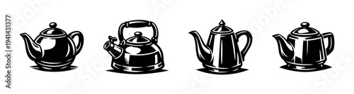 Black and white silhouette of various tea and coffee kettles in vector style