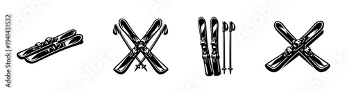 Black and white vector illustration of skiing equipment and skis in various arrangements