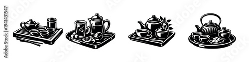 Black and white tea set illustrations with teapots and cups vector collection