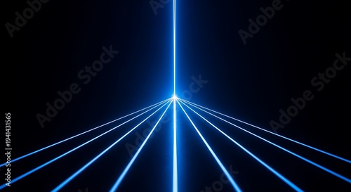 Bright blue light beams converge upwards from a central point against a black background