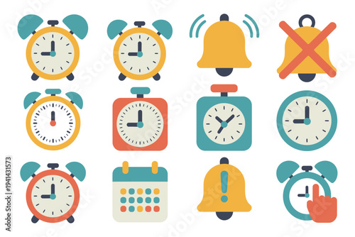 Alarm icon set vector illustration, classic ringing and silent alarm clocks, bell with sound waves, muted bell flat icons for notifications and reminders design.