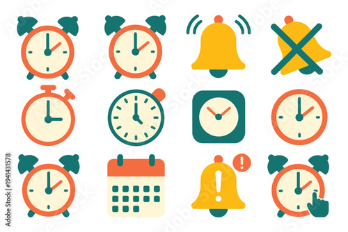 Alarm icon set vector illustration, classic ringing and silent alarm clocks, bell with sound waves, muted bell flat icons for notifications and reminders design.