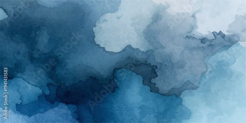 Vintage watercolor world map illustration on a grunge blue paper background with soft clouds and light smoke textures