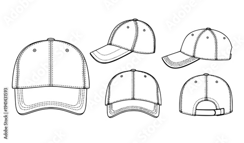 Baseball Cap Vector Template Black and White Front Side Top View Fashion CAD Mockup