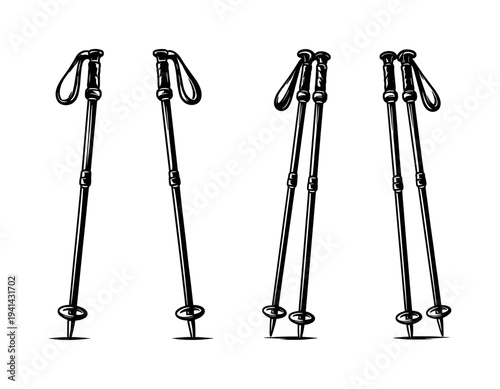 Black and white illustration of trekking poles set in vector style