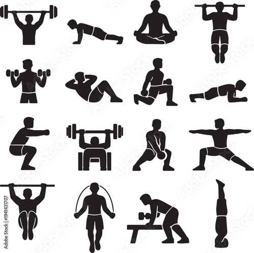 A collection of black silhouette images of people performing various exercises Vector
