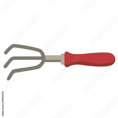 Hand cultivator with red handle ideal for loosening soil, weeding, aerating ground, and small-scale garden work with flat design style.