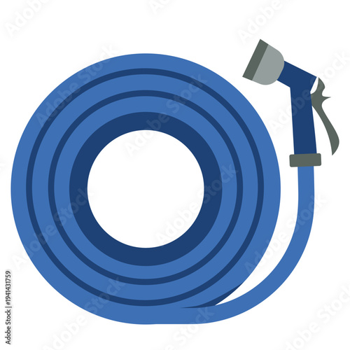 Blue coiled garden hose with spray nozzle perfect for watering plants, lawn irrigation, and outdoor garden maintenance with flat design style.