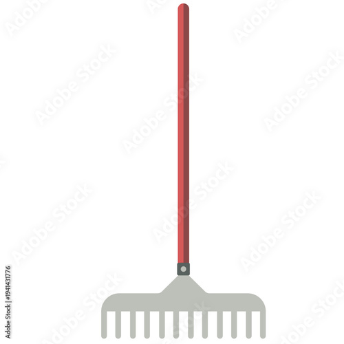 Garden rake with long handle ideal for leveling soil, gathering debris, yard work, and outdoor maintenance with flat design style.