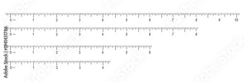 Creative size indicators. Black scale, markup for rulers. Different unit distances. Art design horizontal measure scale distances. Vector illustration.