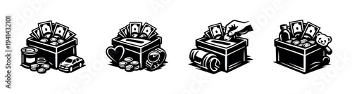 Black and white vector illustration of donation boxes with various items and money