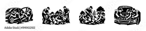 Black and white silhouette illustrations of mechanics and gardeners in various activities