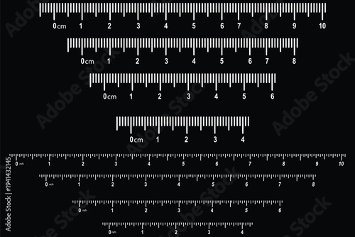 Measuring chart 8,10,14 inches. Set of ruler scales twelve, fourteen. Sewing tool icons. Length measurement math, distance, height