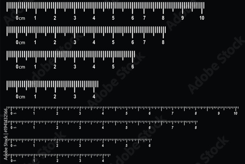 Measuring chart 8,10,14 inches. Set of ruler scales twelve, fourteen. Sewing tool icons. Length measurement math, distance, height