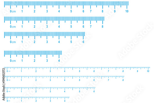 Measuring chart 8,10,14 inches. Set of ruler scales twelve, fourteen. Sewing tool icons. Length measurement math, distance, height