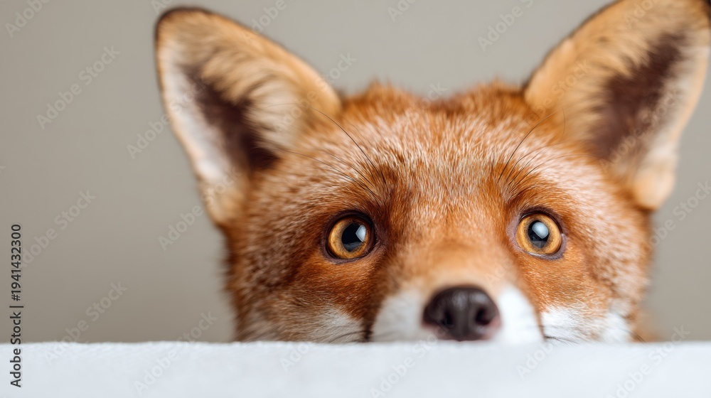 Fototapeta premium Fox looking over a surface with curious eyes in a soft light setting