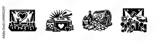 Charity event concept vector set with donation auction and fundraising elements