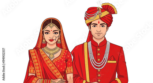Indian Wedding Couple Bride and Groom in Traditional Red Attire