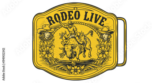 Rodeo Live Belt Buckle: Cowboy Riding Bull, Western Women, Floral Accents