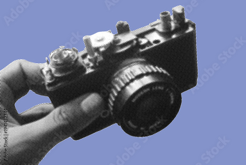 close up of hand holding broken analog camera pixelate grayscale color halftone dotted texture style collage element isolated on blue background