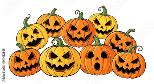 Spooky Halloween Pumpkins Carved Jack-o-Lanterns with Funny Faces