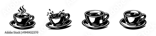 Vector illustration set of coffee and tea cups in black and white silhouette style