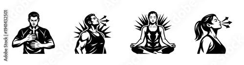 Black and white vector illustrations of people practicing different breathing exercises