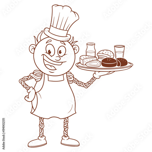Cheerful Chef Mascot Holding Dessert Tray with Pastries and Drinks