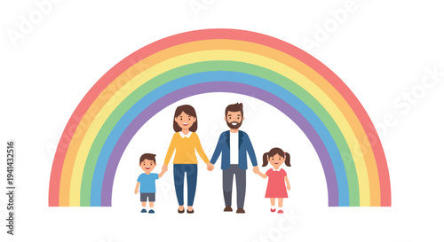 A cartoon family of four holding hands standing under a colorful rainbow on a white background with a cheerful mood.