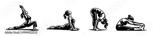 Black and white yoga poses silhouette vector set illustrating various asanas