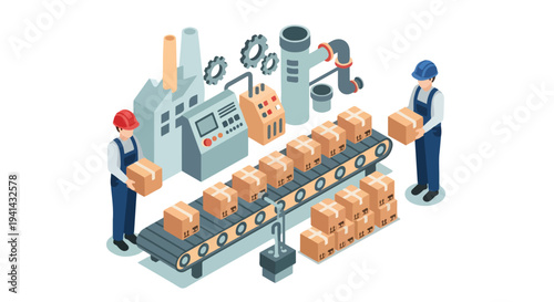 Isometric illustration of two factory workers operating a conveyor belt with cardboard boxes in a manufacturing setting with industrial equipment.