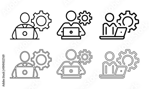 A set of six varied icons depicting a person working on a laptop alongside a gear symbol, signifying IT, development, or technical support.