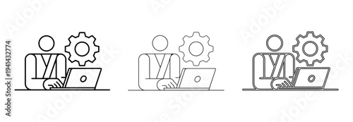 A set of line art icons depicting a person working on a laptop with a gear symbol, representing coding, IT support, or system development.