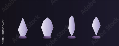 Elegant four lavender stylized awards or abstract crystal objects displayed against a deep dark purple background