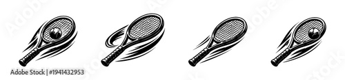 Dynamic tennis racket and ball silhouette vector set in black and white